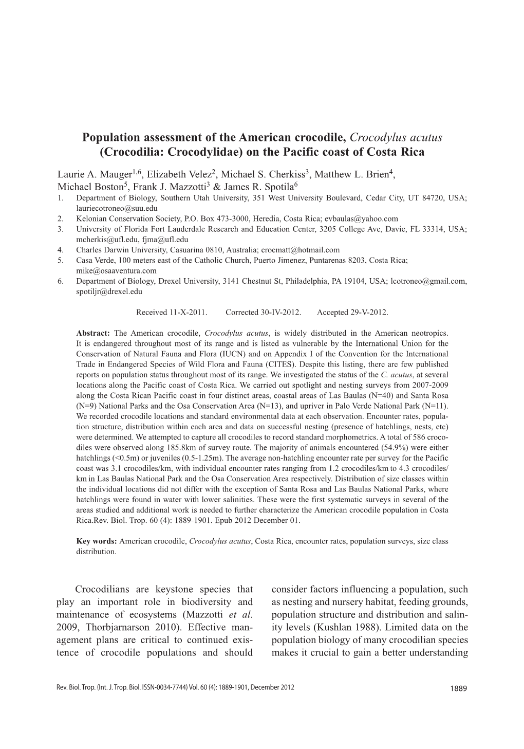 Population Assessment of the American Crocodile, Crocodylus Acutus (Crocodilia: Crocodylidae) on the Pacific Coast of Costa Rica