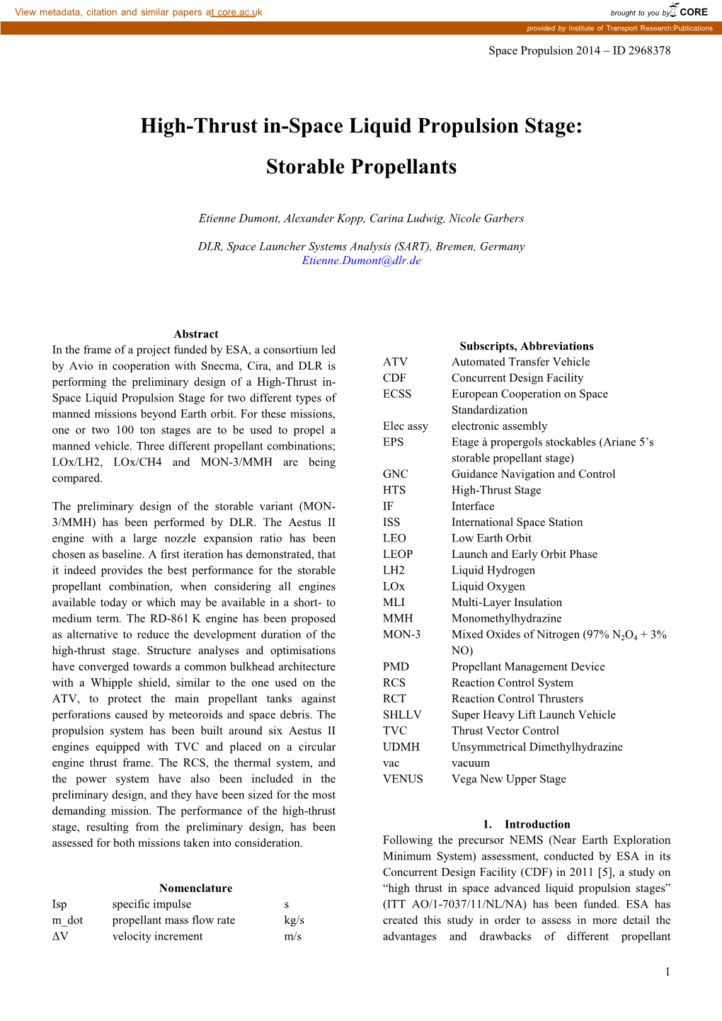 High-Thrust In-Space Liquid Propulsion Stage: Storable Propellants