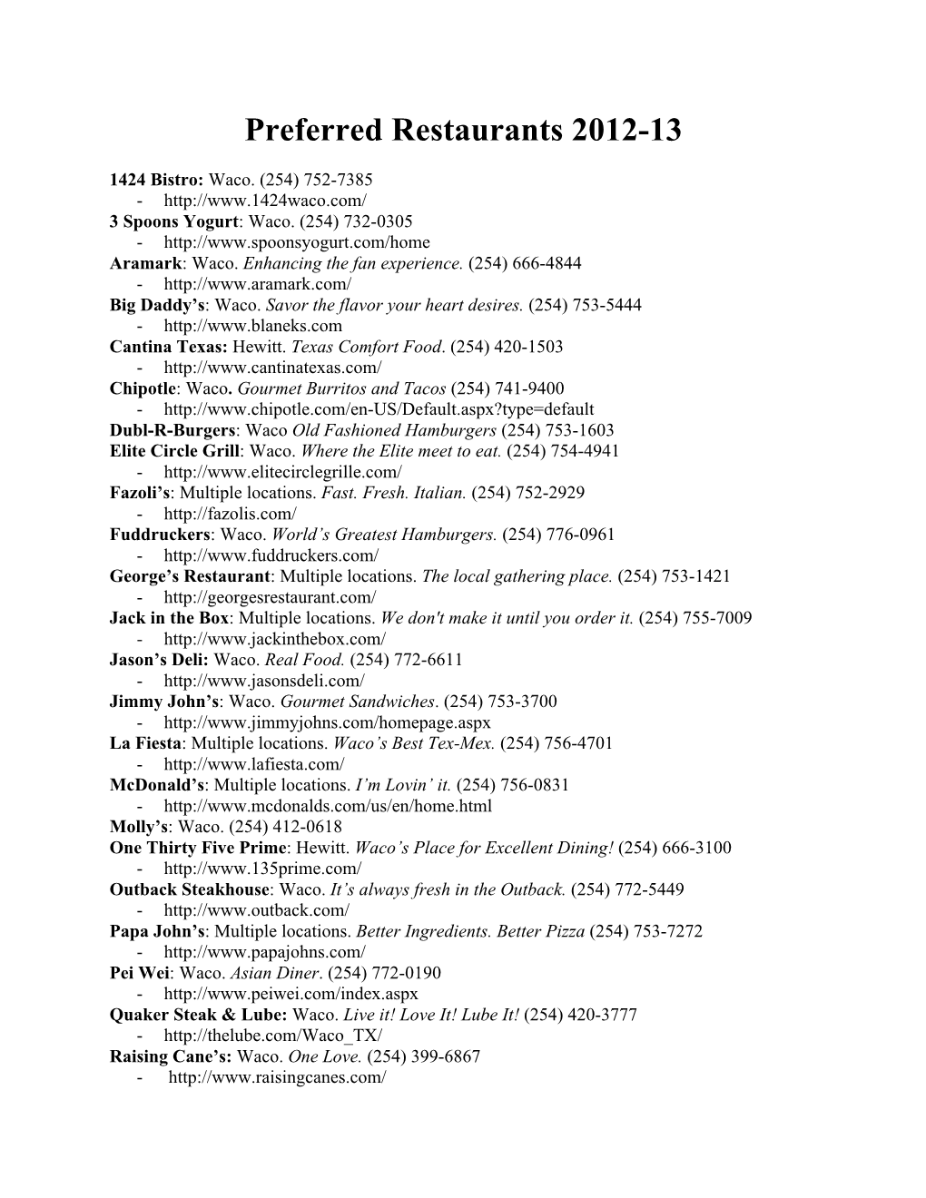 Preferred Restaurants & Hotels 2012-13