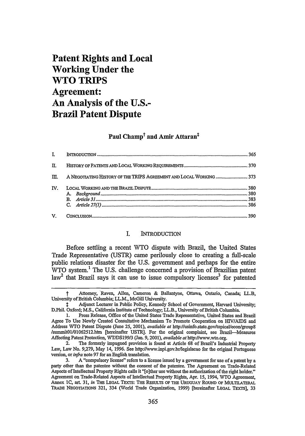 Patent Rights and Local Working Under the WTO TRIPS Agreement: an Analysis of the U.S.- Brazil Patent Dispute