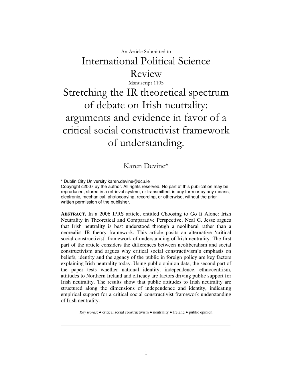 Stretching the IR Theoretical Spectrum of Debate on Irish Neutrality: Arguments and Evidence in Favor of a Critical Social Constructivist Framework of Understanding