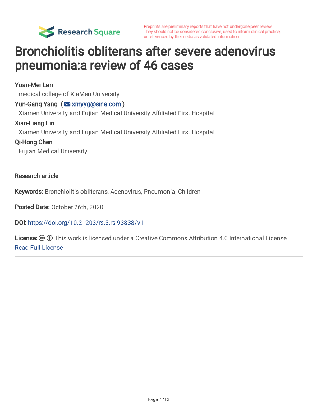 Bronchiolitis Obliterans After Severe Adenovirus Pneumonia:A Review of 46 Cases