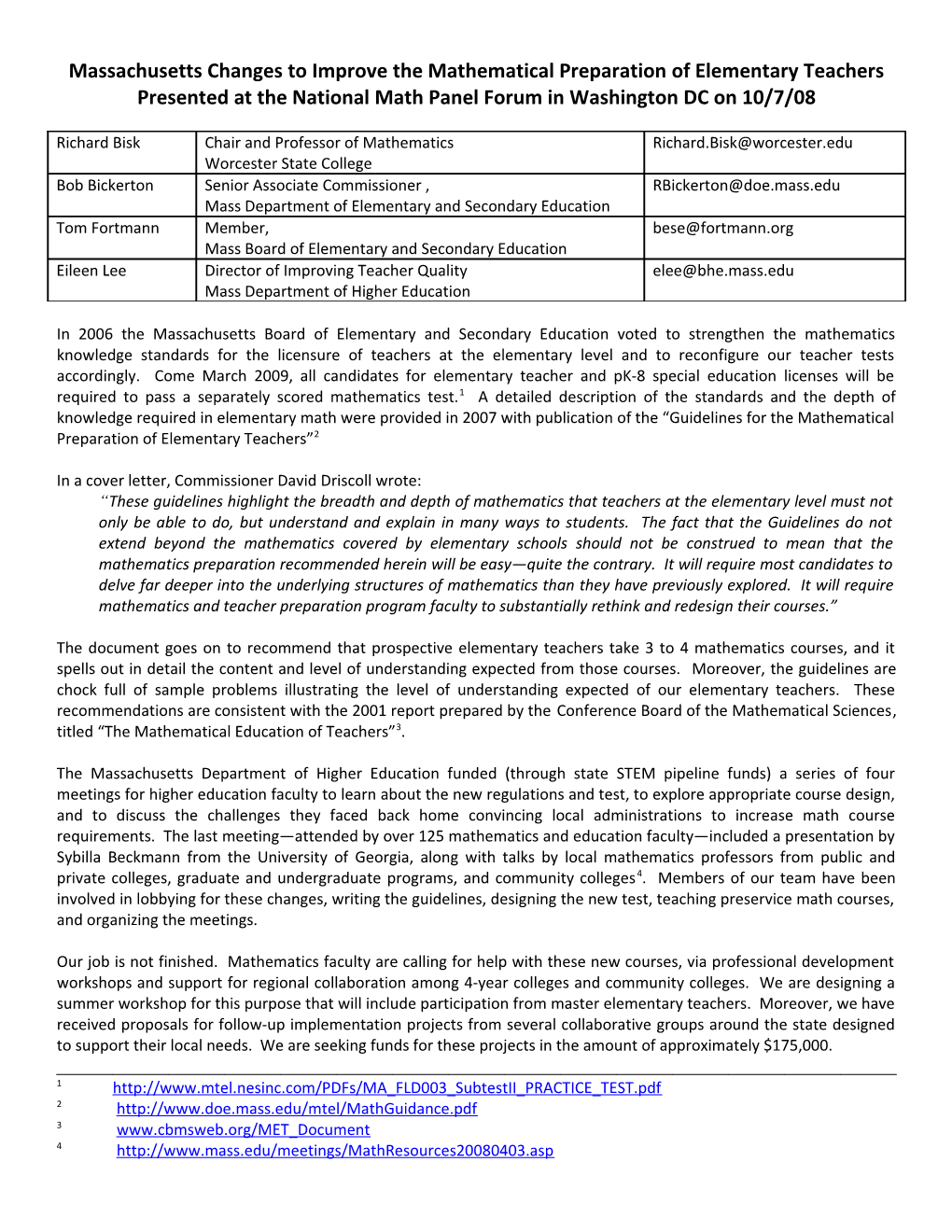 Massachusetts Changes to Improve the Mathematical Preparation of Elementary Teachers