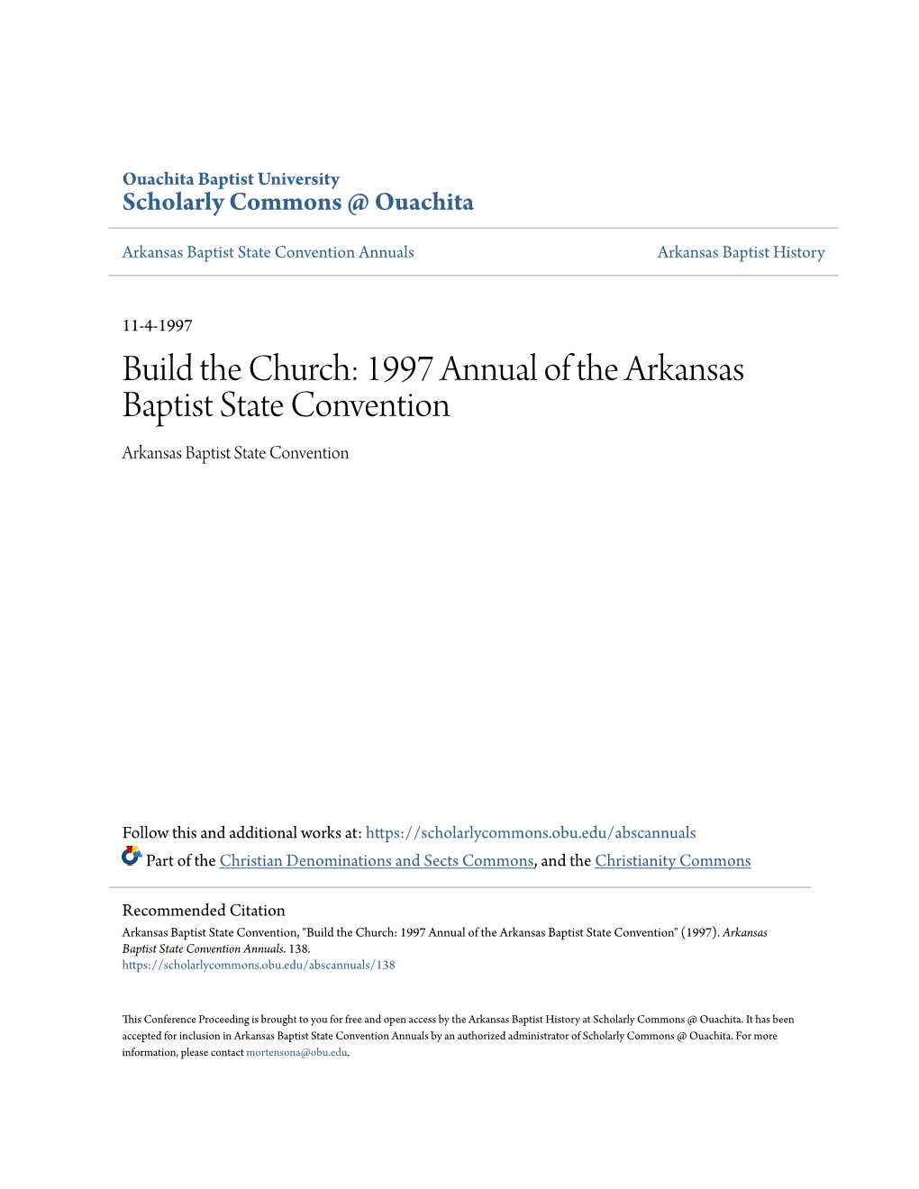 Build the Church: 1997 Annual of the Arkansas Baptist State Convention Arkansas Baptist State Convention