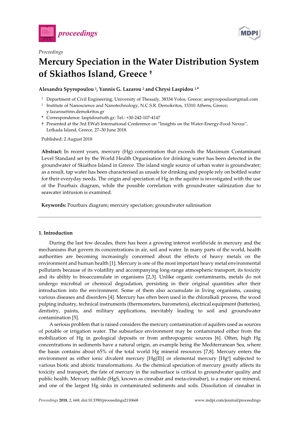 Mercury Speciation in the Water Distribution System of Skiathos Island, Greece †