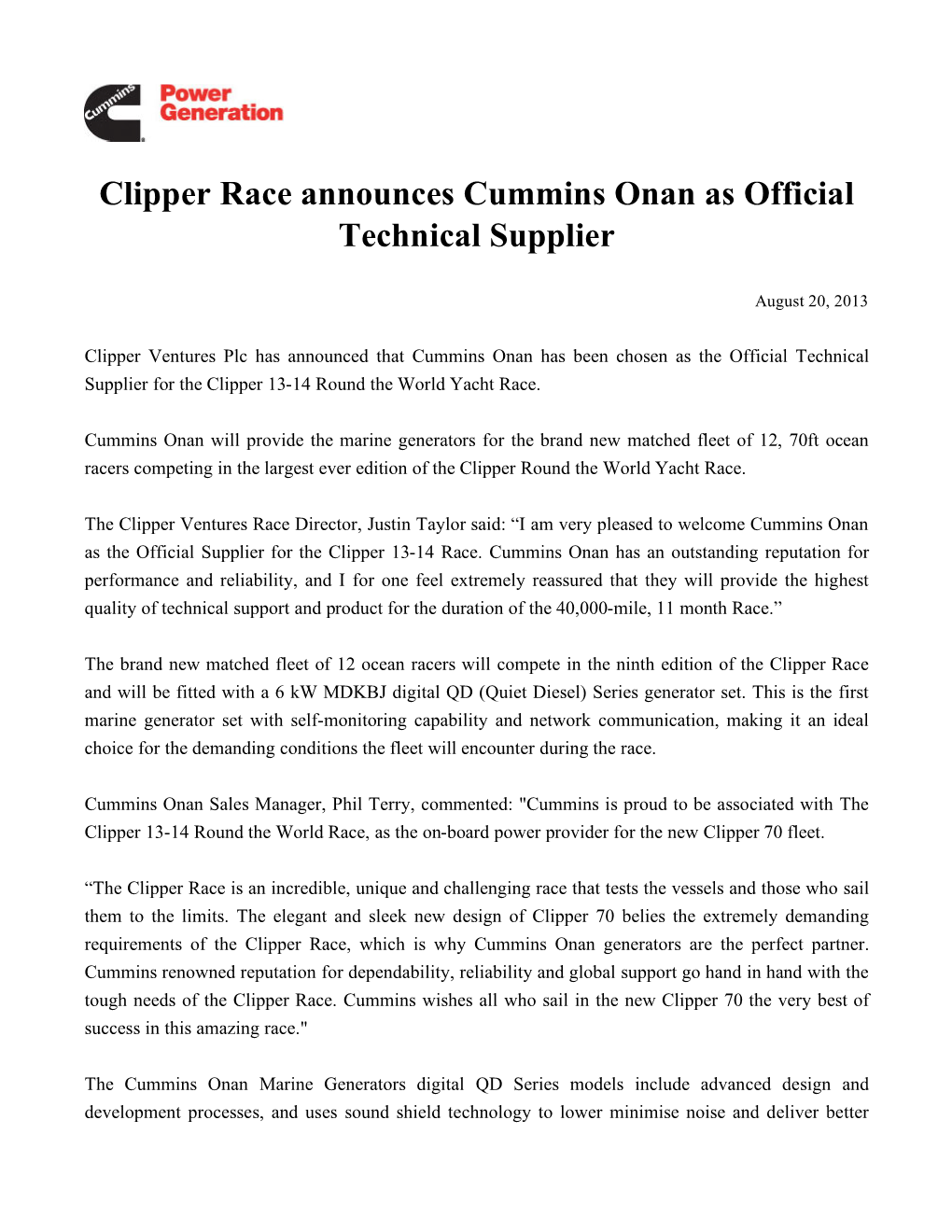 Clipper Race Announces Cummins Onan As Official Technical Supplier