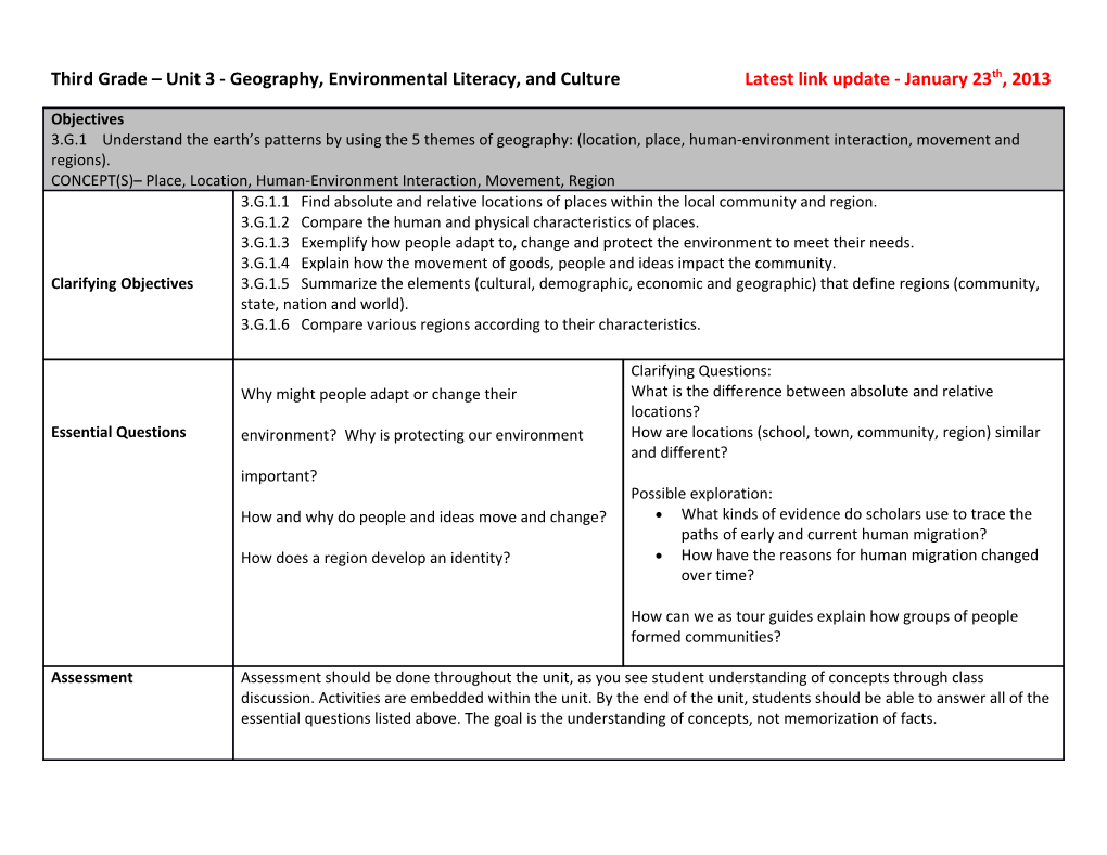 Third Grade Unit 3 - Geography, Environmental Literacy, and Culture Latest Link Update