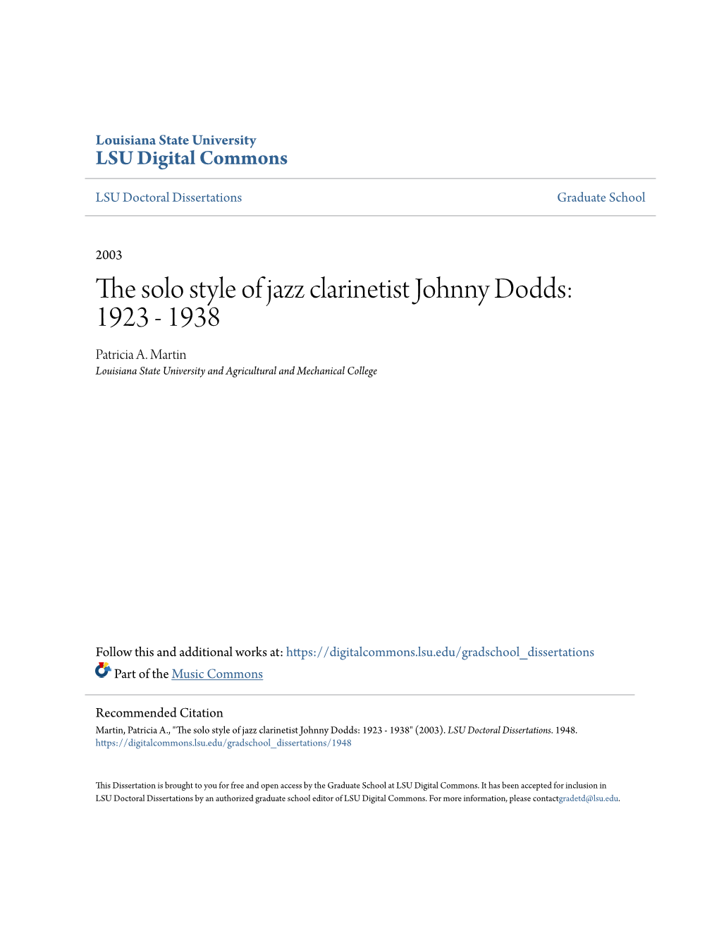 The Solo Style of Jazz Clarinetist Johnny Dodds: 1923 – 1938