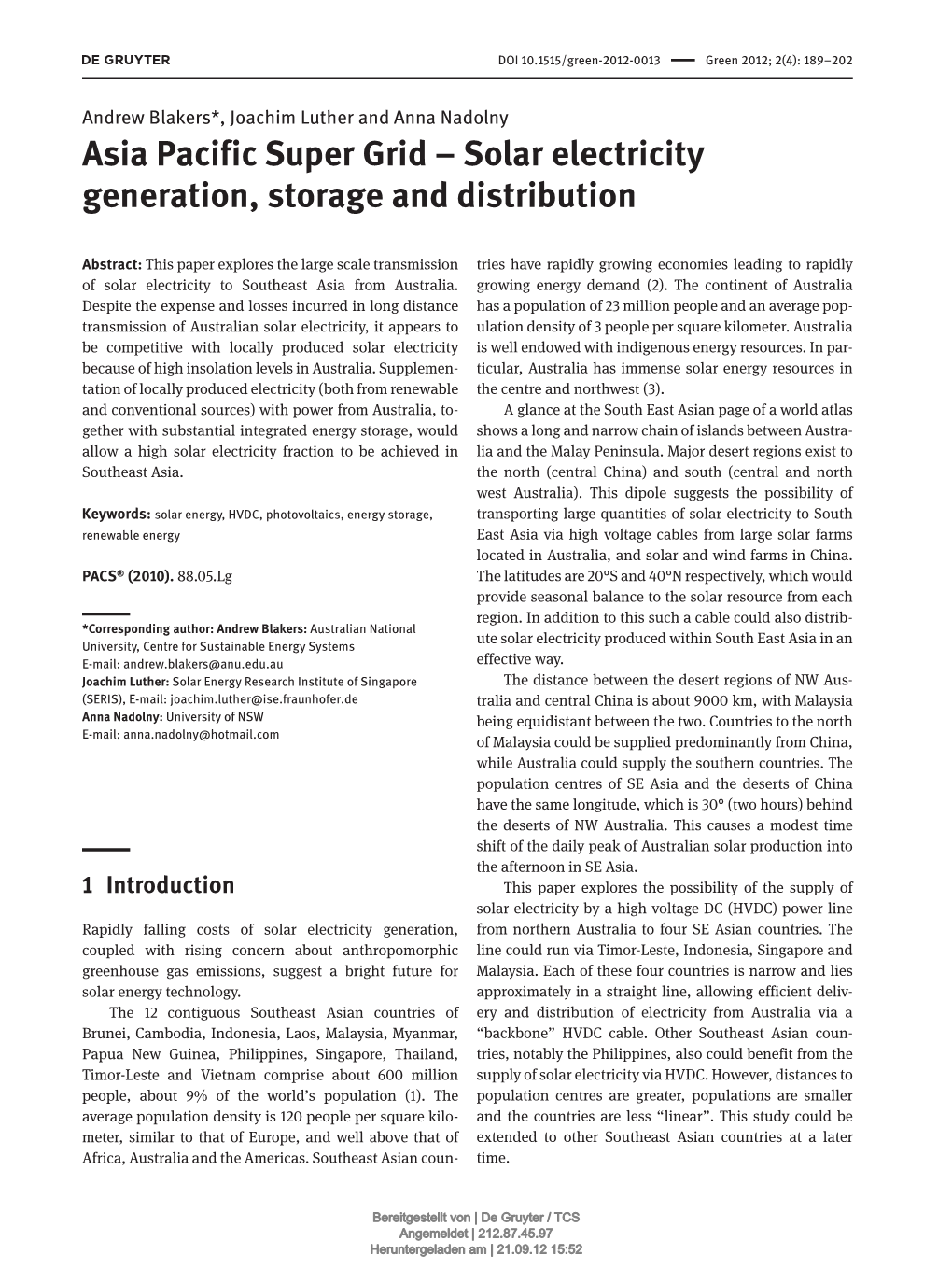 Asia Pacific Super Grid – Solar Electricity Generation, Storage and Distribution