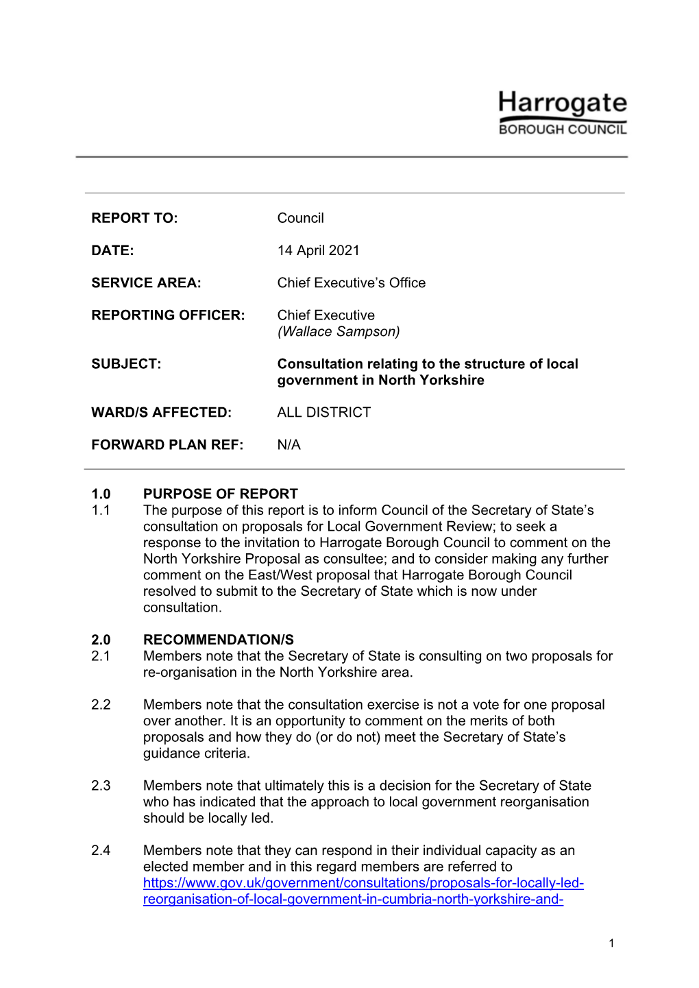 Consultation Relating to the Structure of Local Government in North Yorkshire