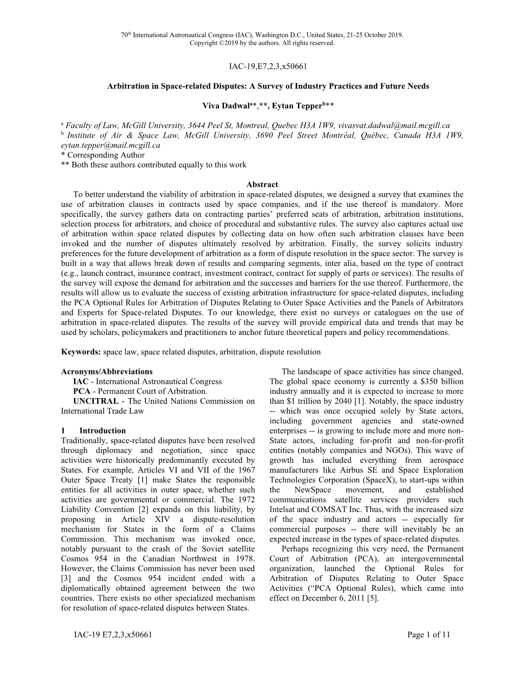 Arbitration in Space-Related Disputes: a Survey of Industry Practices and Future Needs