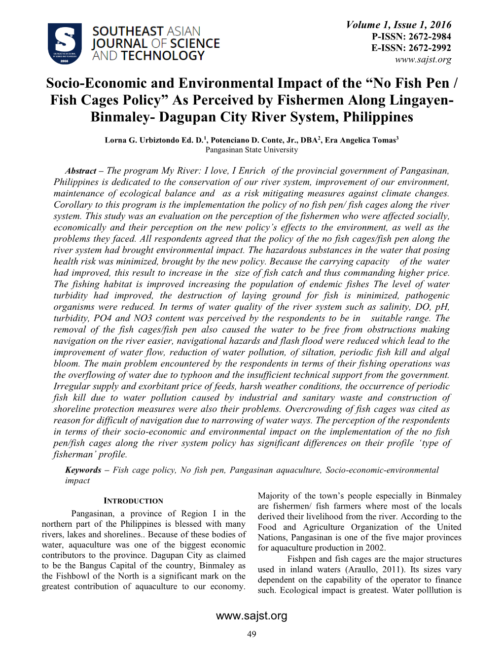 No Fish Pen / Fish Cages Policy” As Perceived by Fishermen Along Lingayen- Binmaley- Dagupan City River System, Philippines