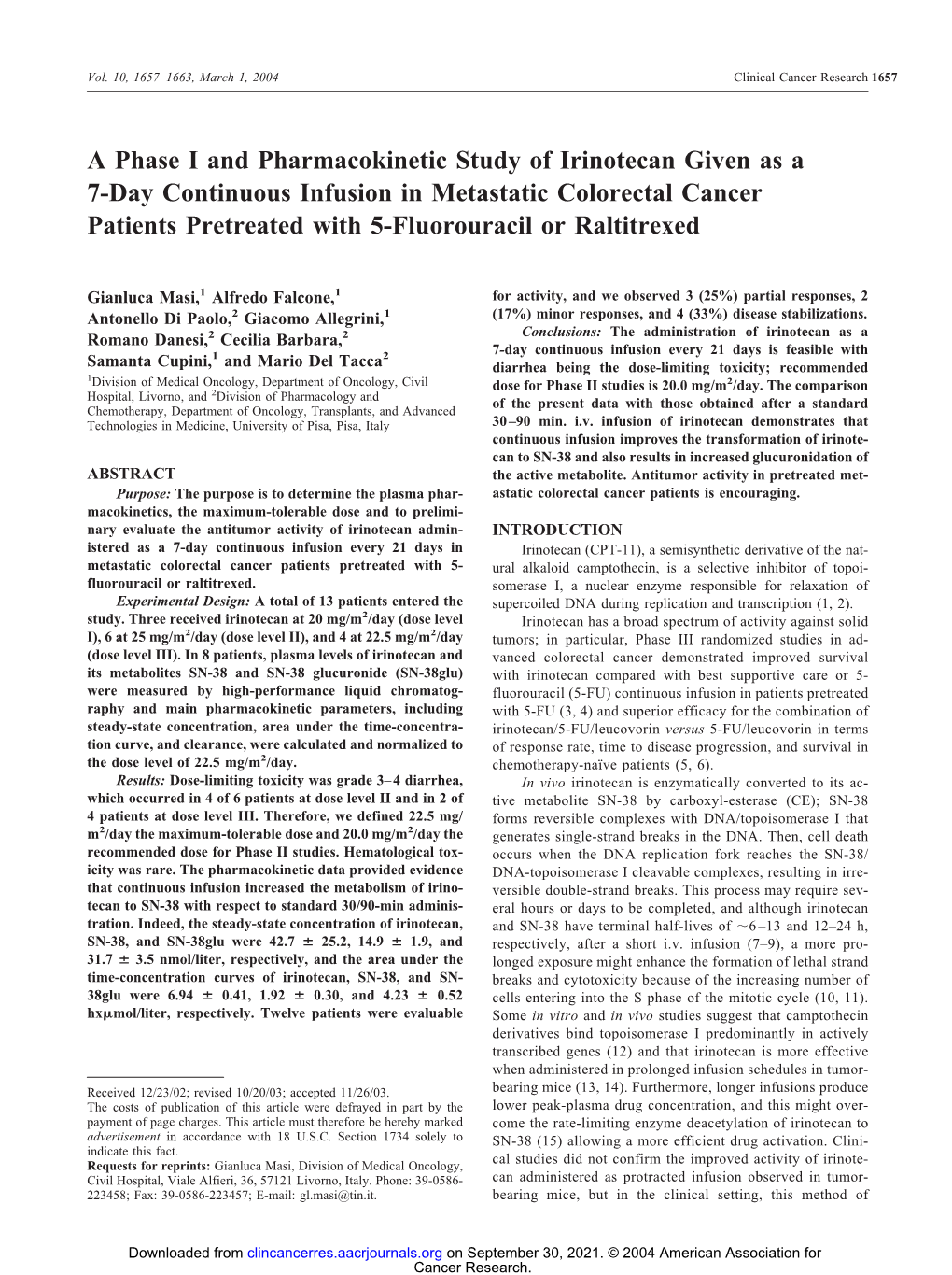 A Phase I and Pharmacokinetic Study of Irinotecan Given As a 7-Day