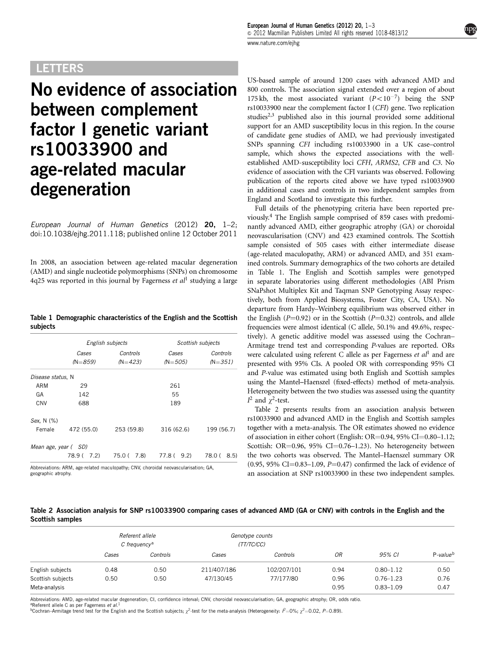 No Evidence of Association Between Complement Factor I Genetic Variant