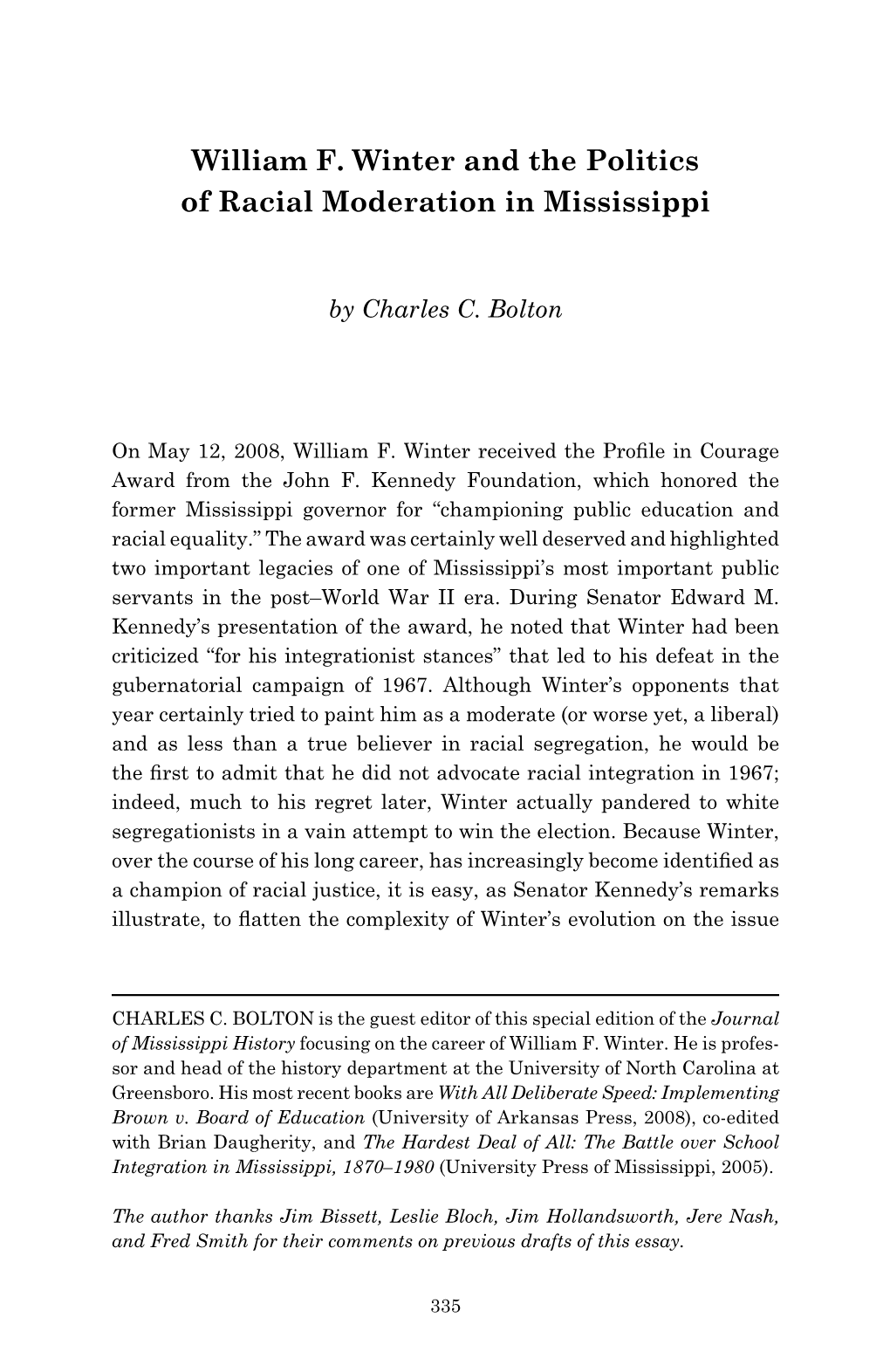 William F. Winter and the Politics of Racial Moderation in Mississippi