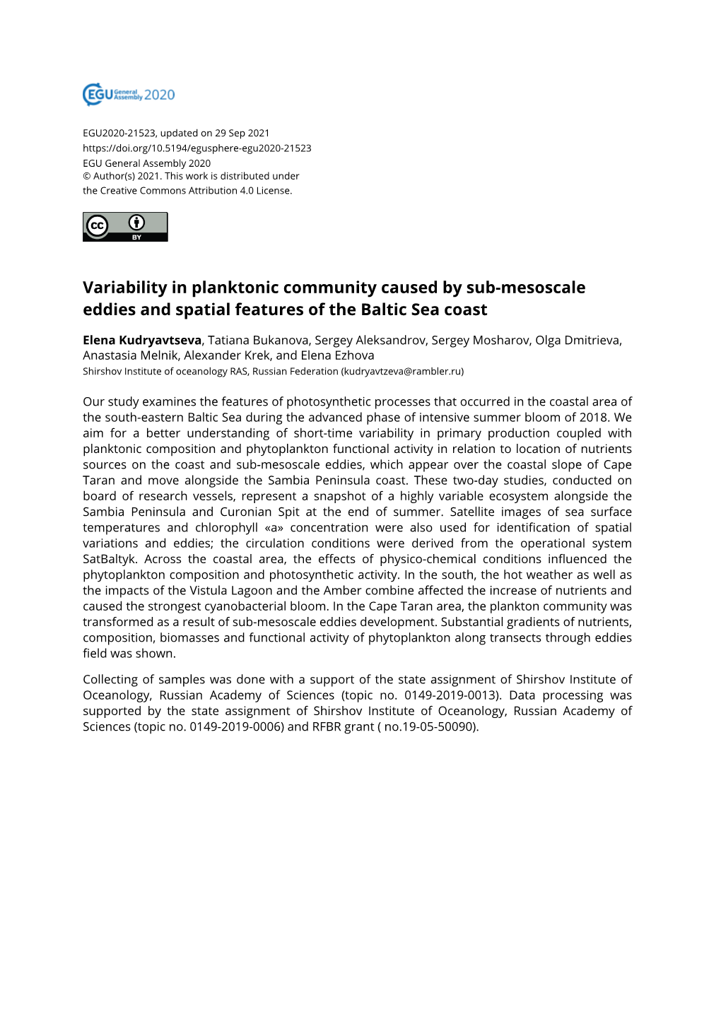 Variability in Planktonic Community Caused by Sub-Mesoscale Eddies and Spatial Features of the Baltic Sea Coast