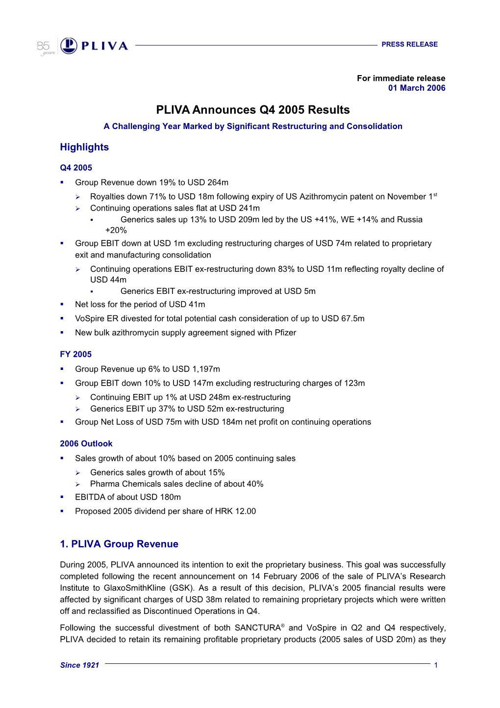 PLIVA Announces Q4 2005 Results