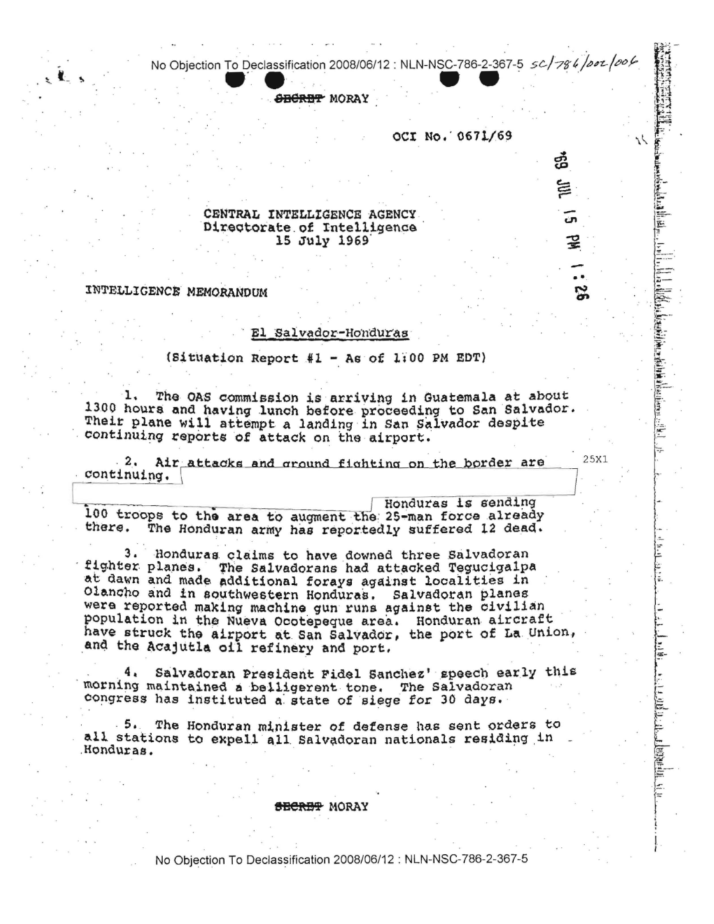 Intelligence Memorandum Re: El Salvador-Honduras, July 15, 1969
