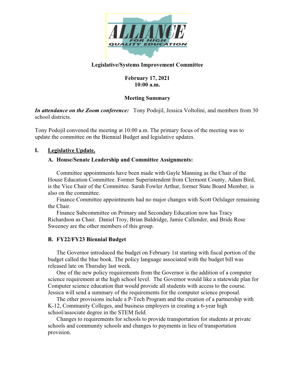 Legislative Committee Meeting Minutes February 2021 Click Here For