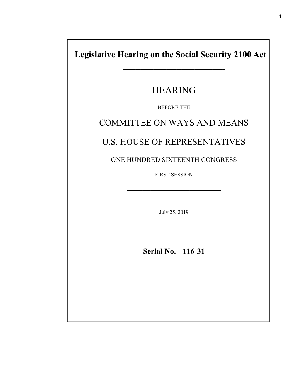 Legislative Hearing on the Social Security 2100 Act