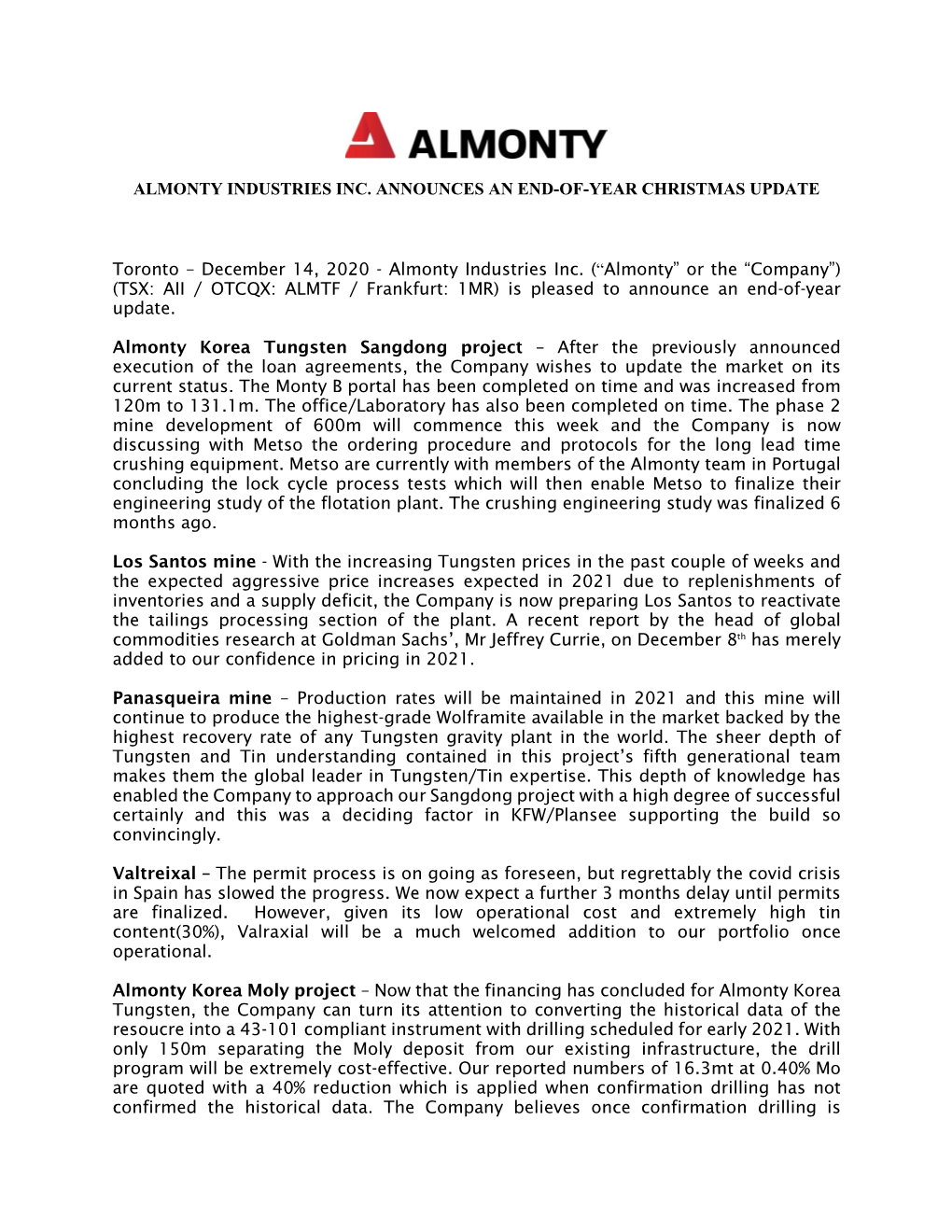 December 14, 2020 - Almonty Industries Inc