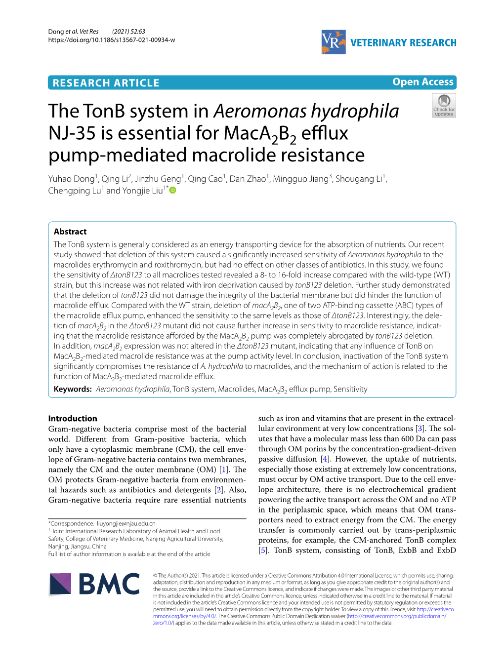 The Tonb System in Aeromonas Hydrophila NJ-35 Is Essential for Maca2b2 Efflux Pump-Mediated Macrolide Resistance