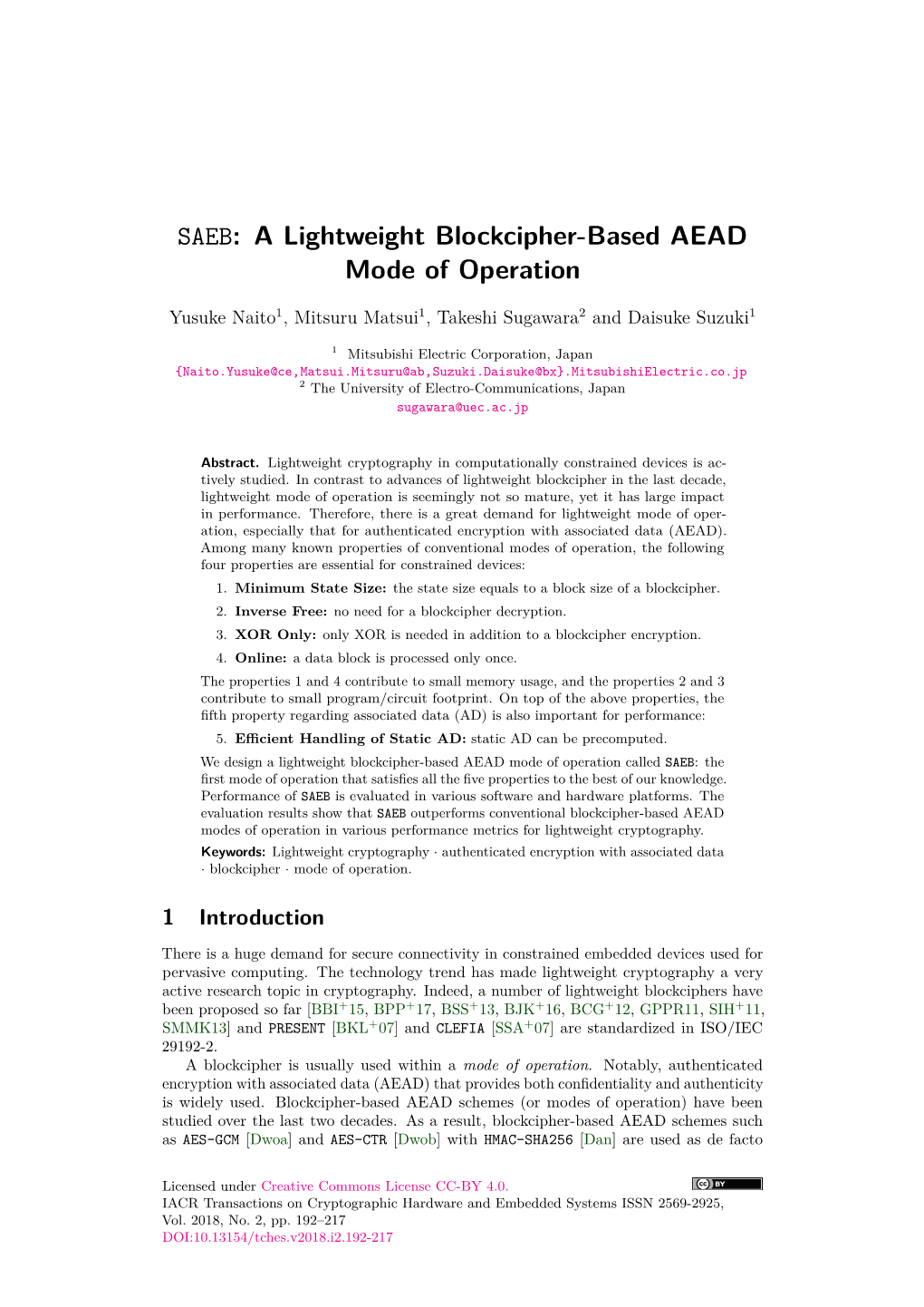 SAEB: a Lightweight Blockcipher-Based AEAD Mode of Operation