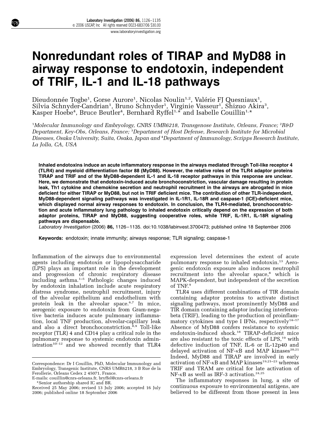 Nonredundant Roles of TIRAP and Myd88 in Airway Response to Endotoxin, Independent of TRIF, IL-1 and IL-18 Pathways