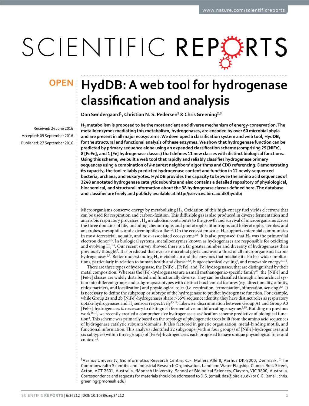 A Web Tool for Hydrogenase Classification and Analysis Dan Søndergaard1, Christian N