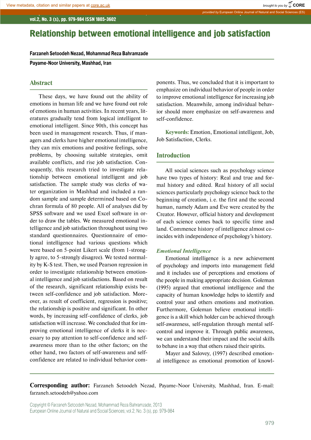 Relationship Between Emotional Intelligence and Job Satisfaction