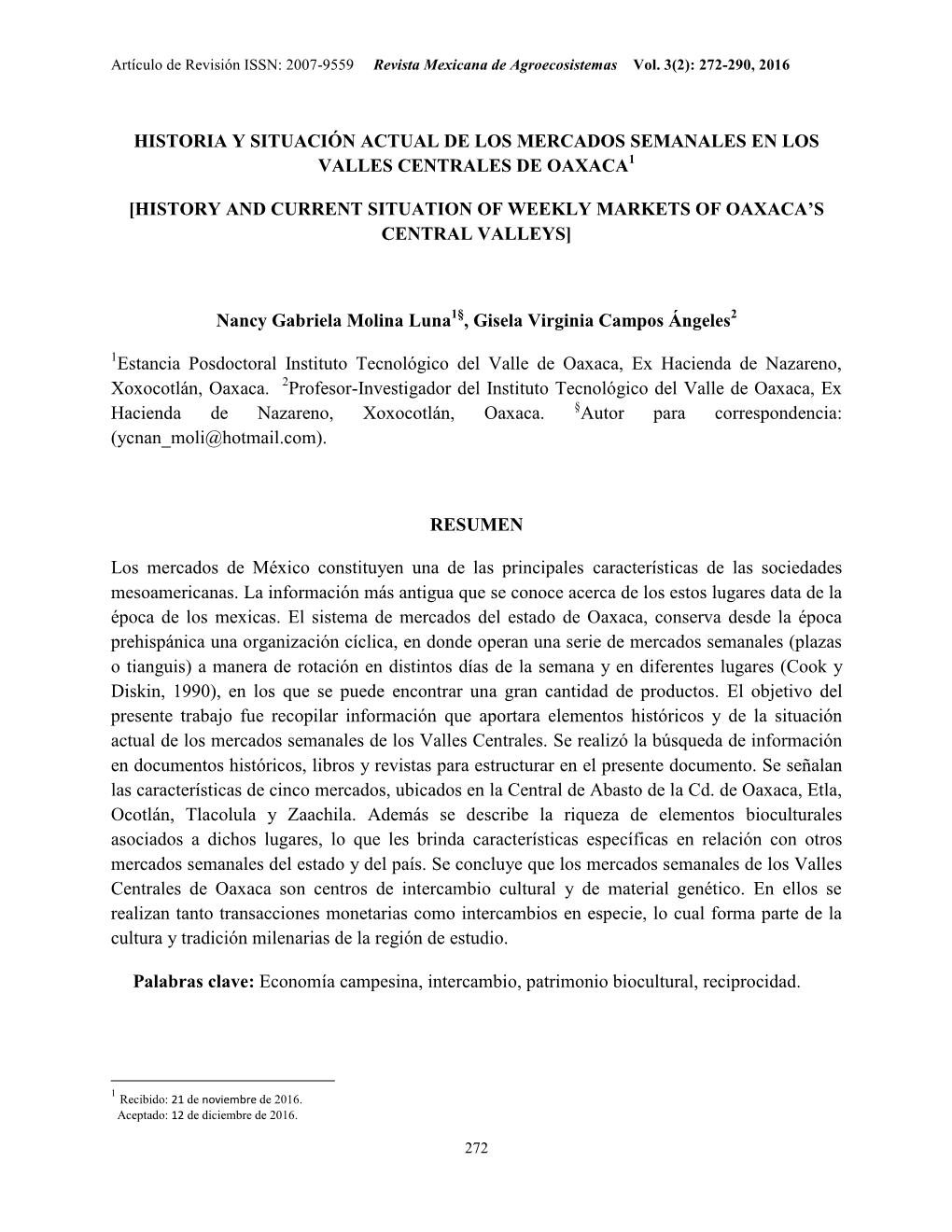 Historia Y Situación Actual De Los Mercados Semanales En Los Valles Centrales De Oaxaca [History and Current Situation of Weekl