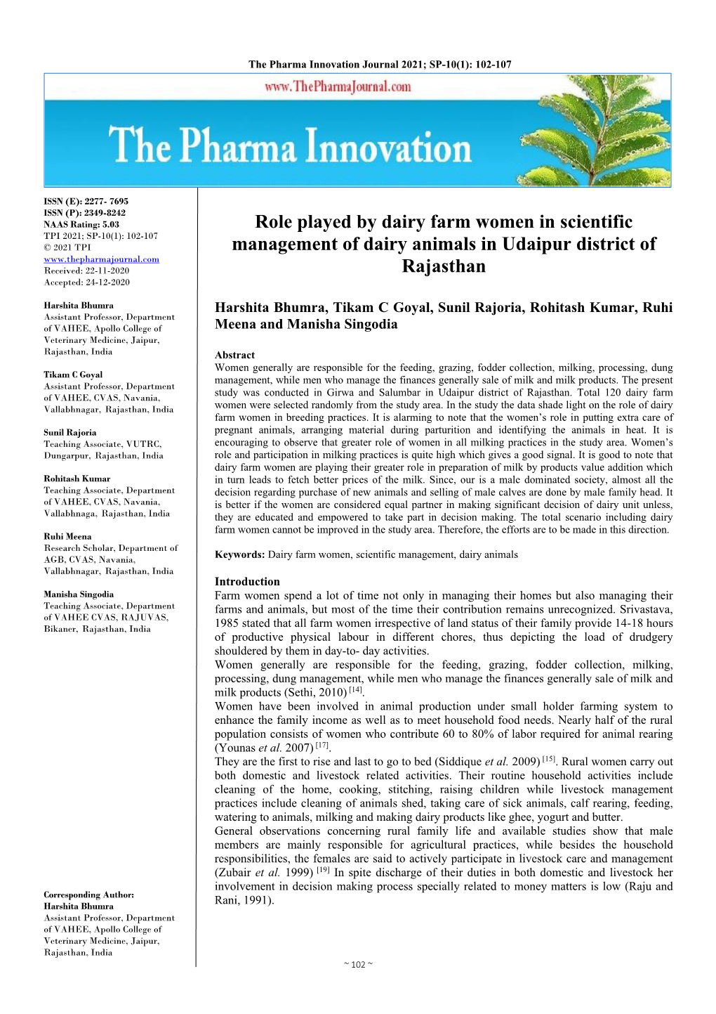 Role Played by Dairy Farm Women in Scientific Management of Dairy Animals in Udaipur District of Rajasthan