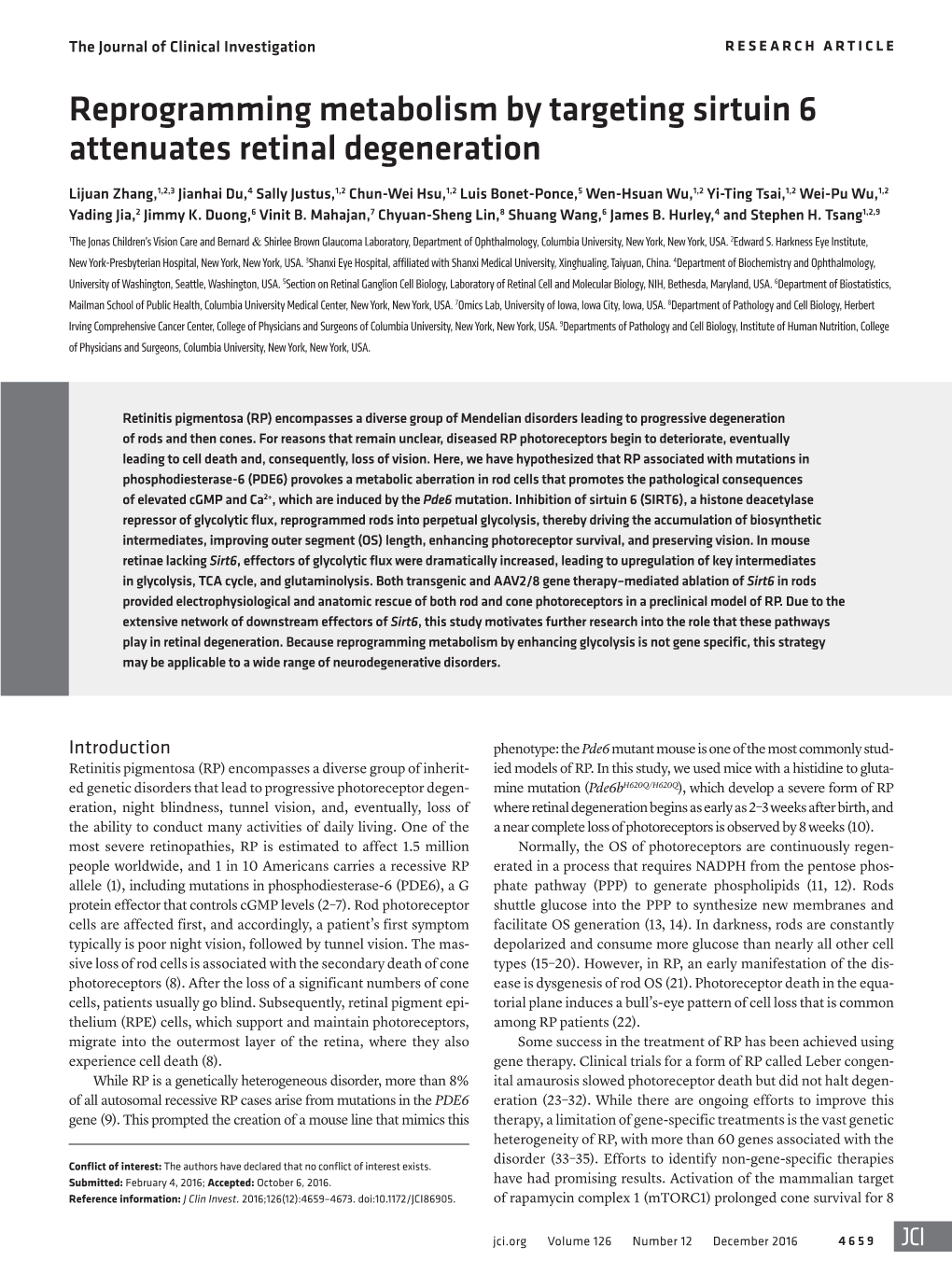 Reprogramming Metabolism by Targeting Sirtuin 6 Attenuates Retinal Degeneration