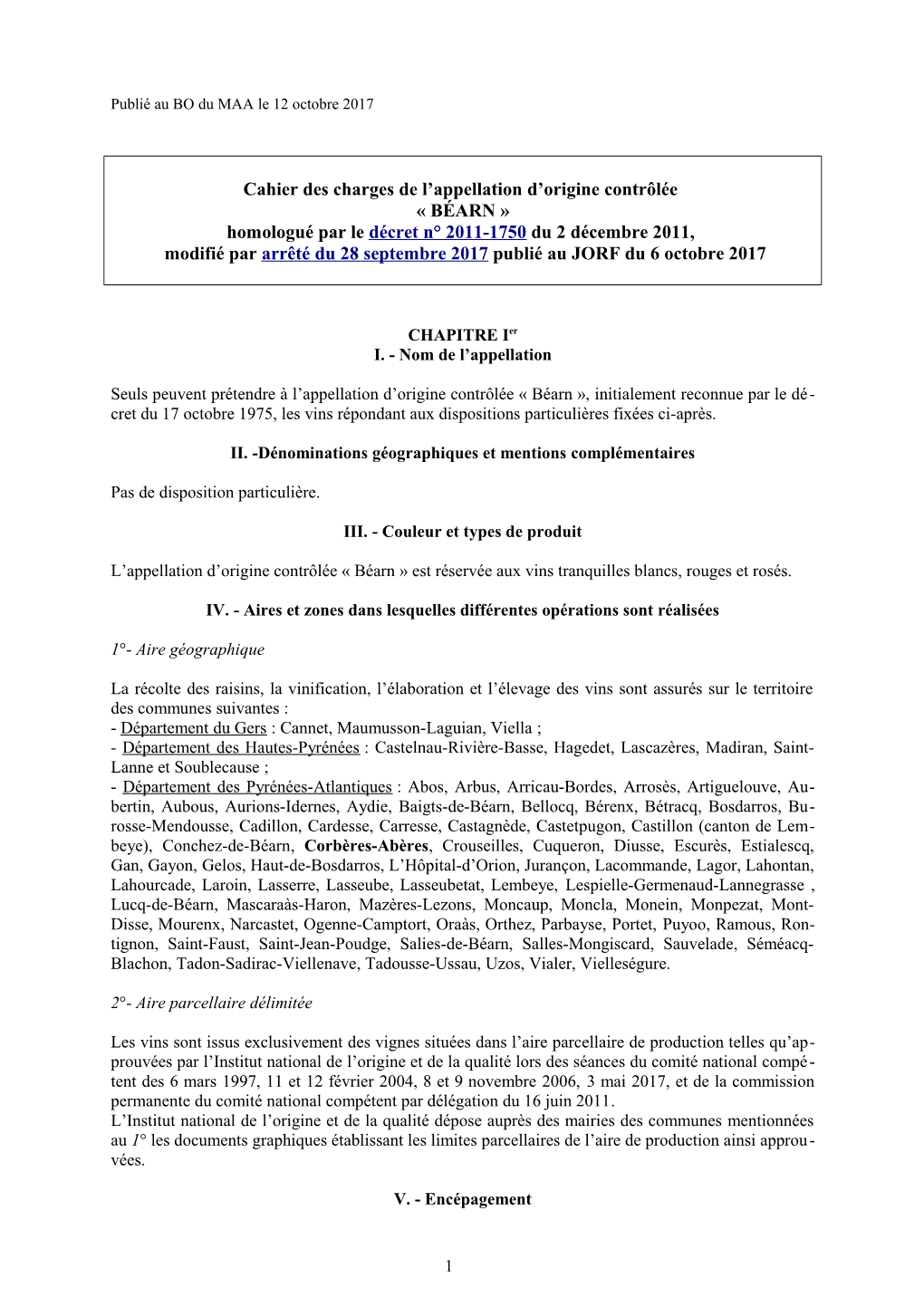 Cahier Des Charges De L'appellation D'origine Contrôlée Béarn