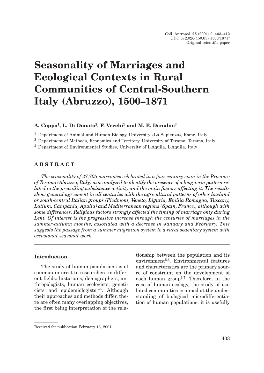 Seasonality of Marriages and Ecological Contexts in Rural Communities of Central-Southern Italy (Abruzzo), 1500–1871