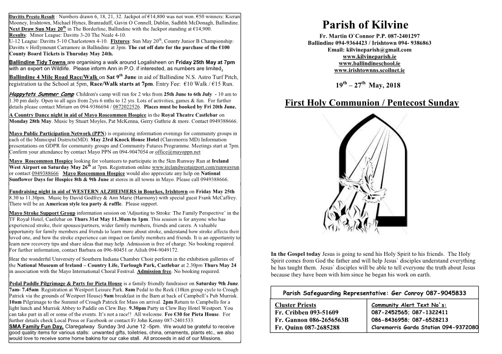 Parish Newsletter Please Forward Jessica Feerick Your List with Names and Dates and They Will Be Included Annually in the Newsletter