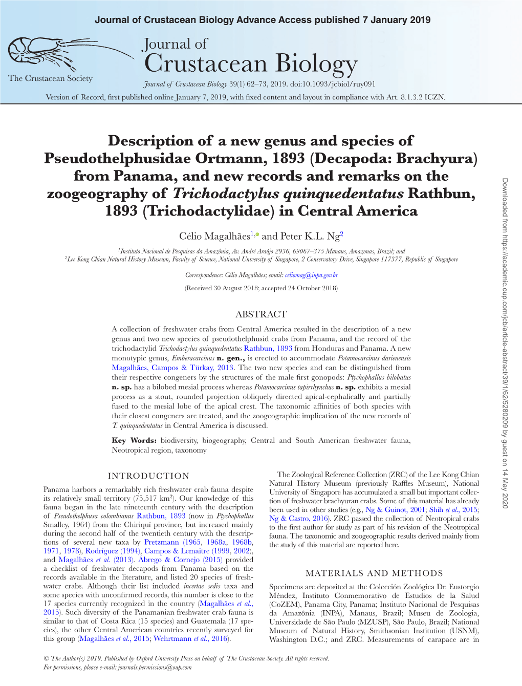 Crustacean Biology Advance Access Published 7 January 2019 Journal of Crustacean Biology the Crustacean Society Journal of Crustacean Biology 39(1) 62–73, 2019