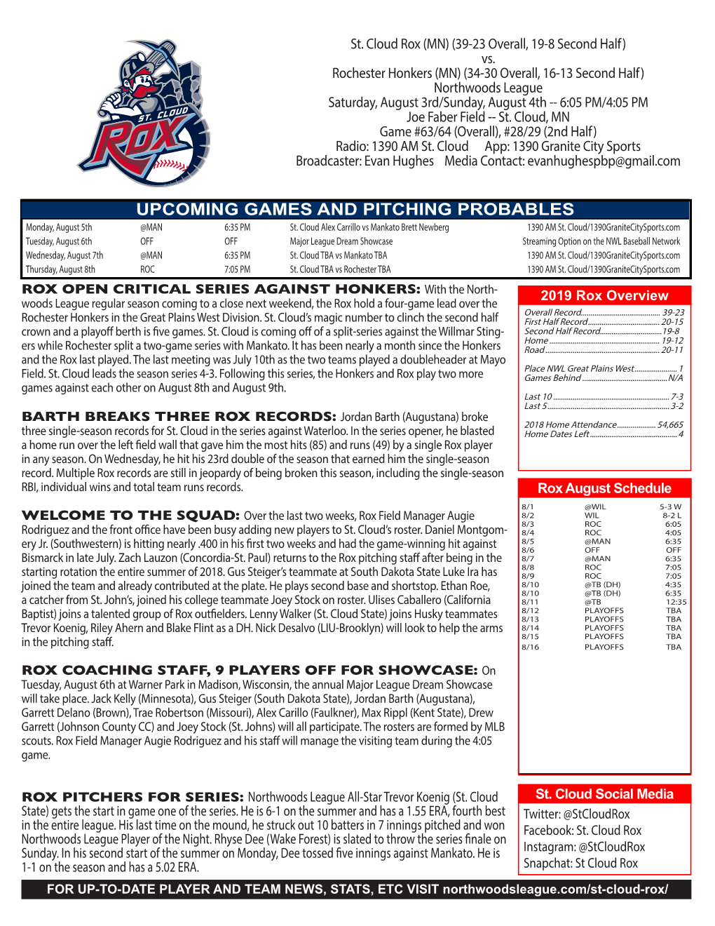 UPCOMING GAMES and PITCHING PROBABLES Monday, August 5Th @MAN 6:35 PM St