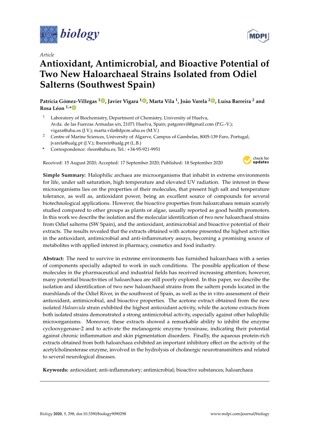 Antioxidant, Antimicrobial, and Bioactive Potential of Two New Haloarchaeal Strains Isolated from Odiel Salterns (Southwest Spain)