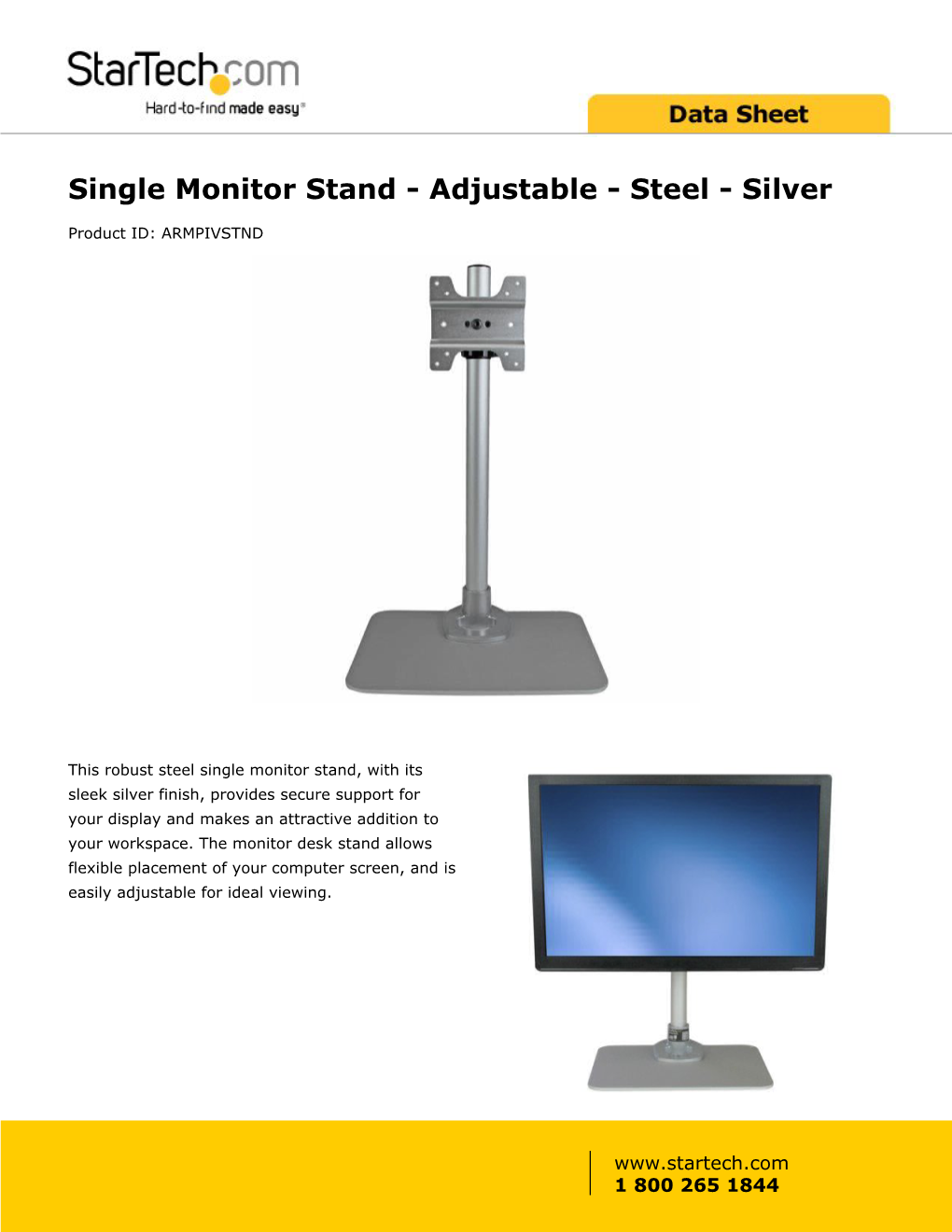 Single Monitor Stand - Adjustable - Steel - Silver