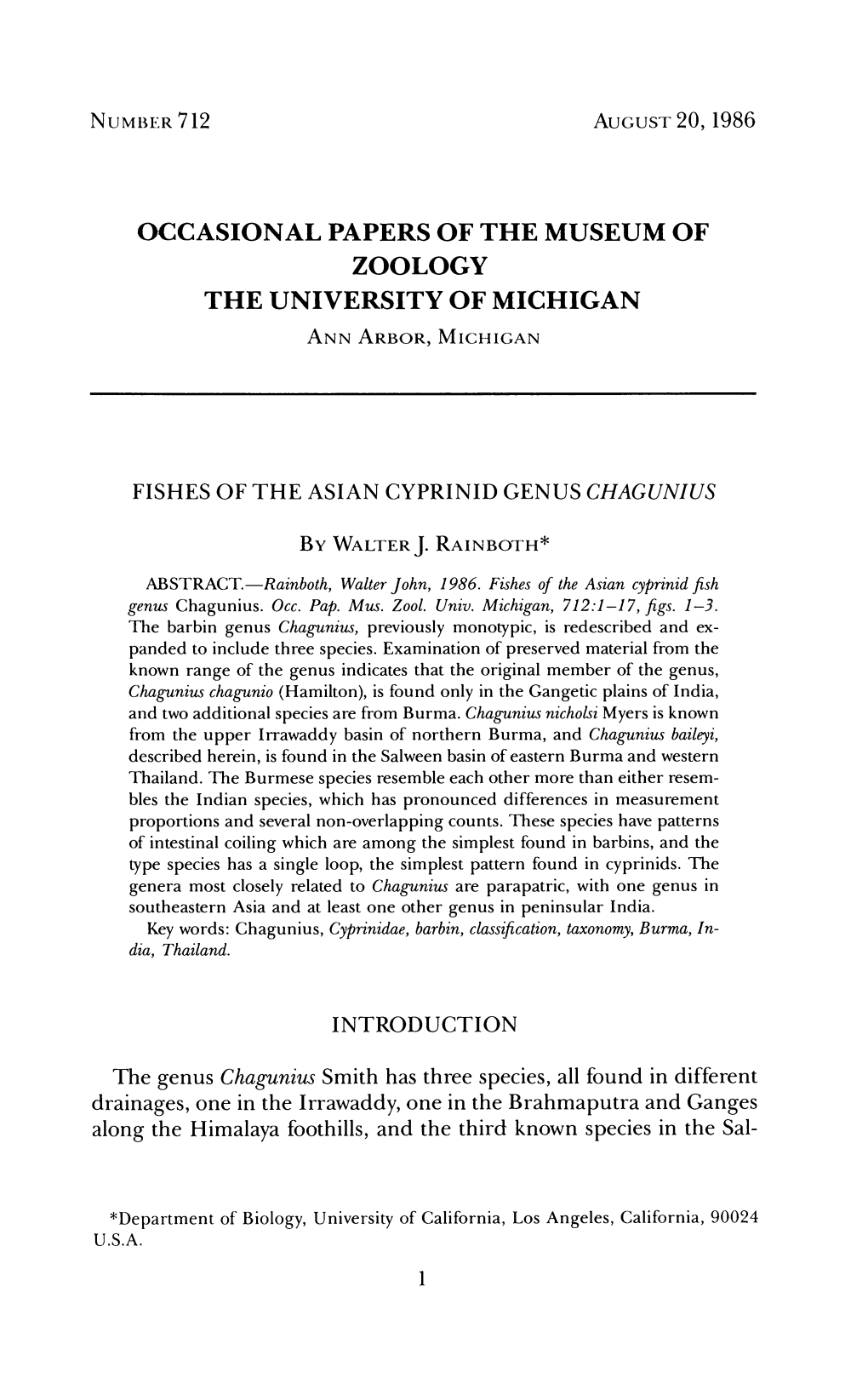 Occasional Papers of the Museum of Zoology the University of Michigan Annarbor, Miliiigan