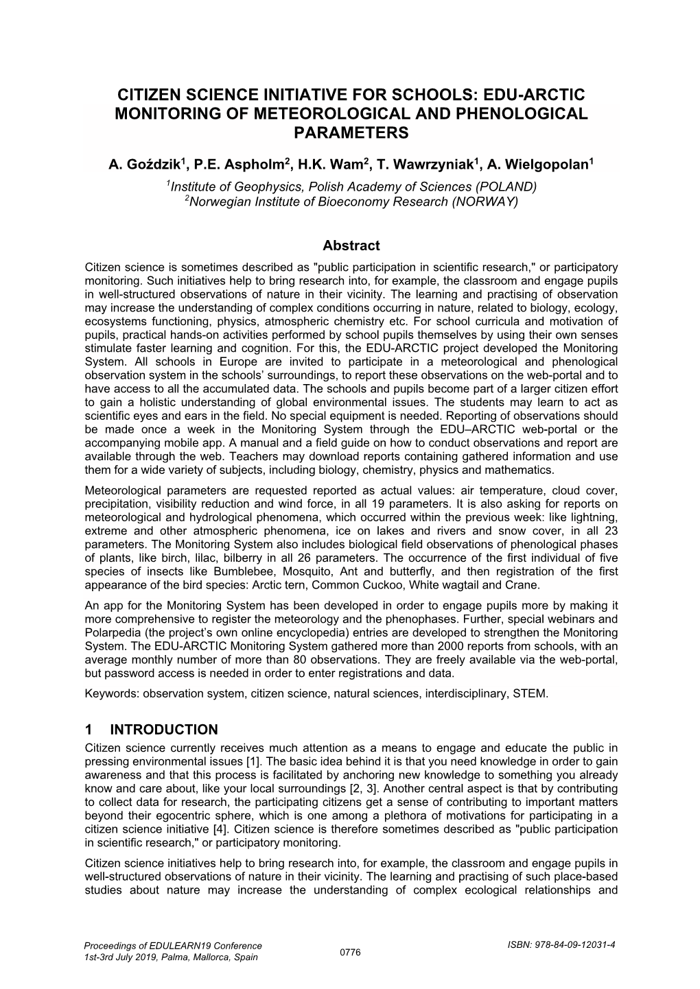 Citizen Science Initiative for Schools: Edu-Arctic Monitoring of Meteorological and Phenological Parameters