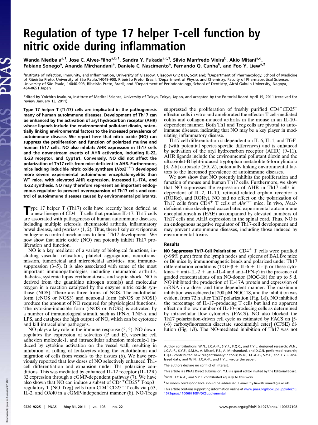 Regulation of Type 17 Helper T-Cell Function by Nitric Oxide During Inflammation