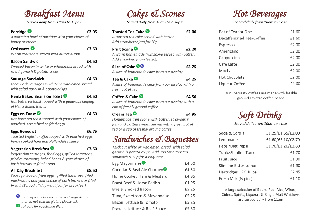 Breakfast Menu Cakes & Scones Hot Beverages Soft Drinks