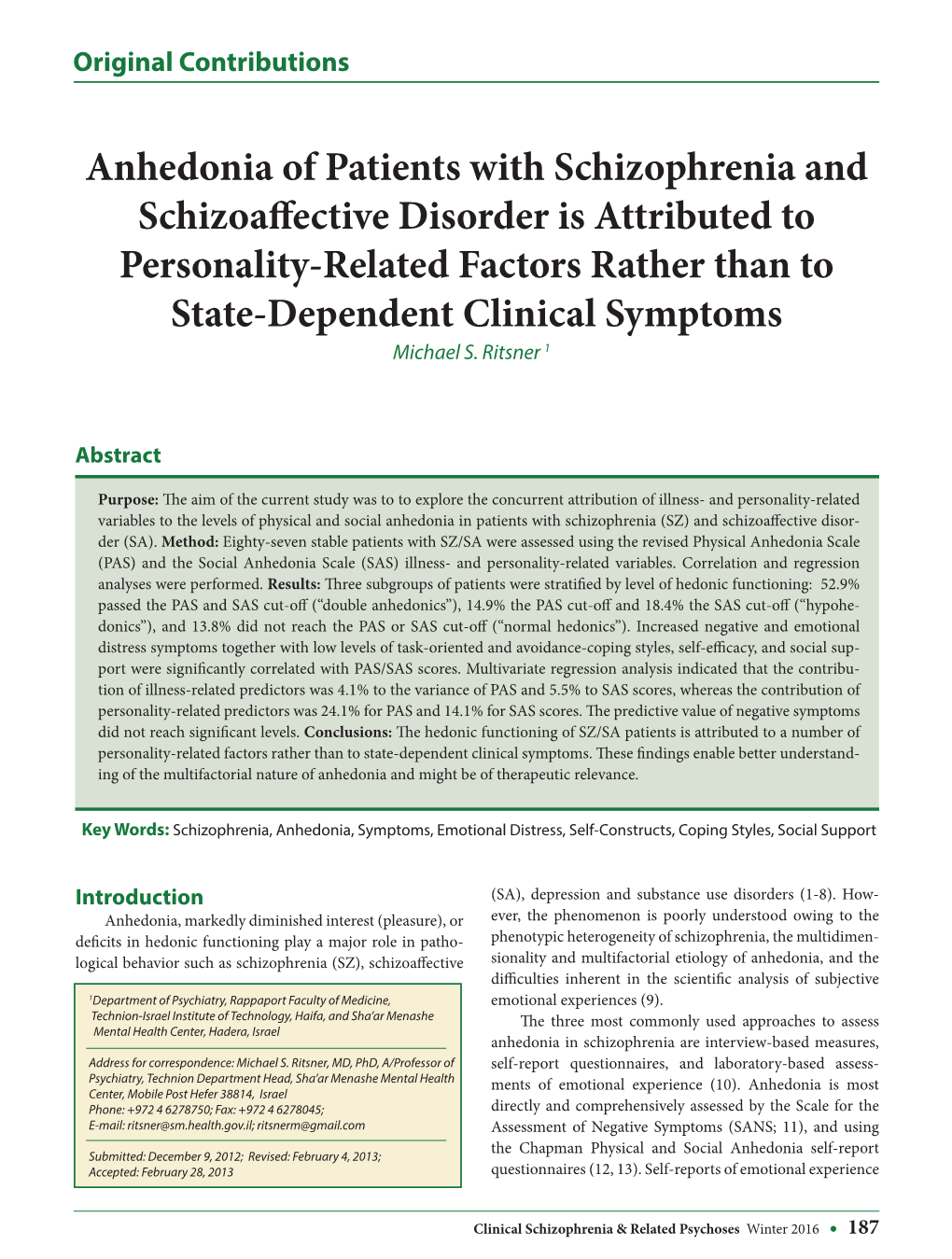 Anhedonia of Patients with Schizophrenia and Schizoaffective