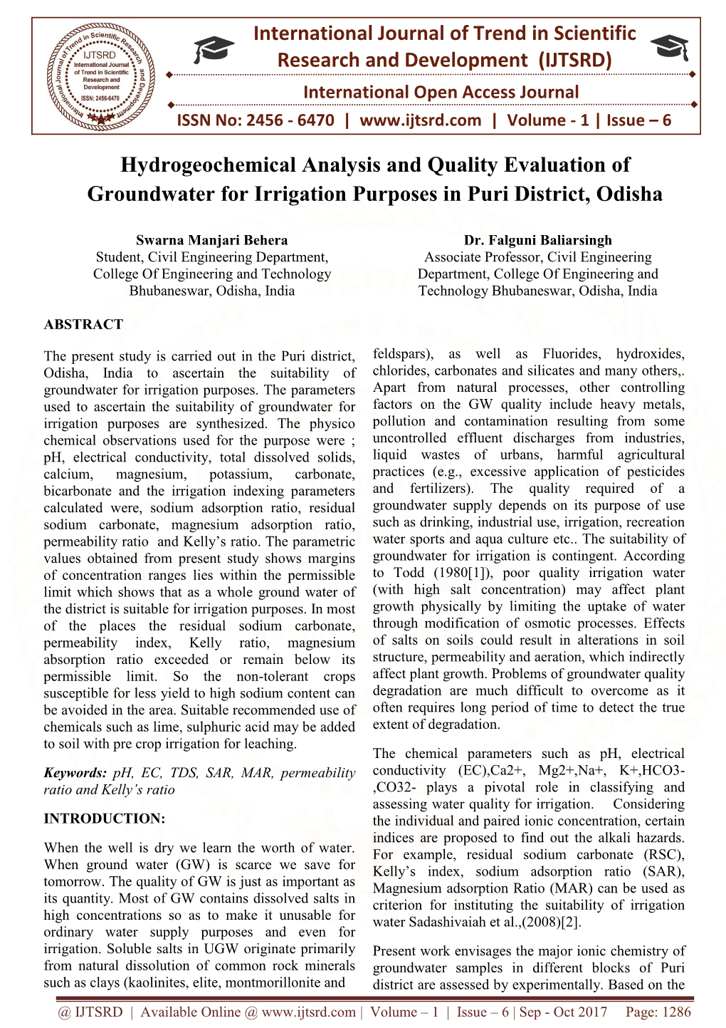 (IJTSRD) Hydrogeochemical Analysis and Quality Evaluatio