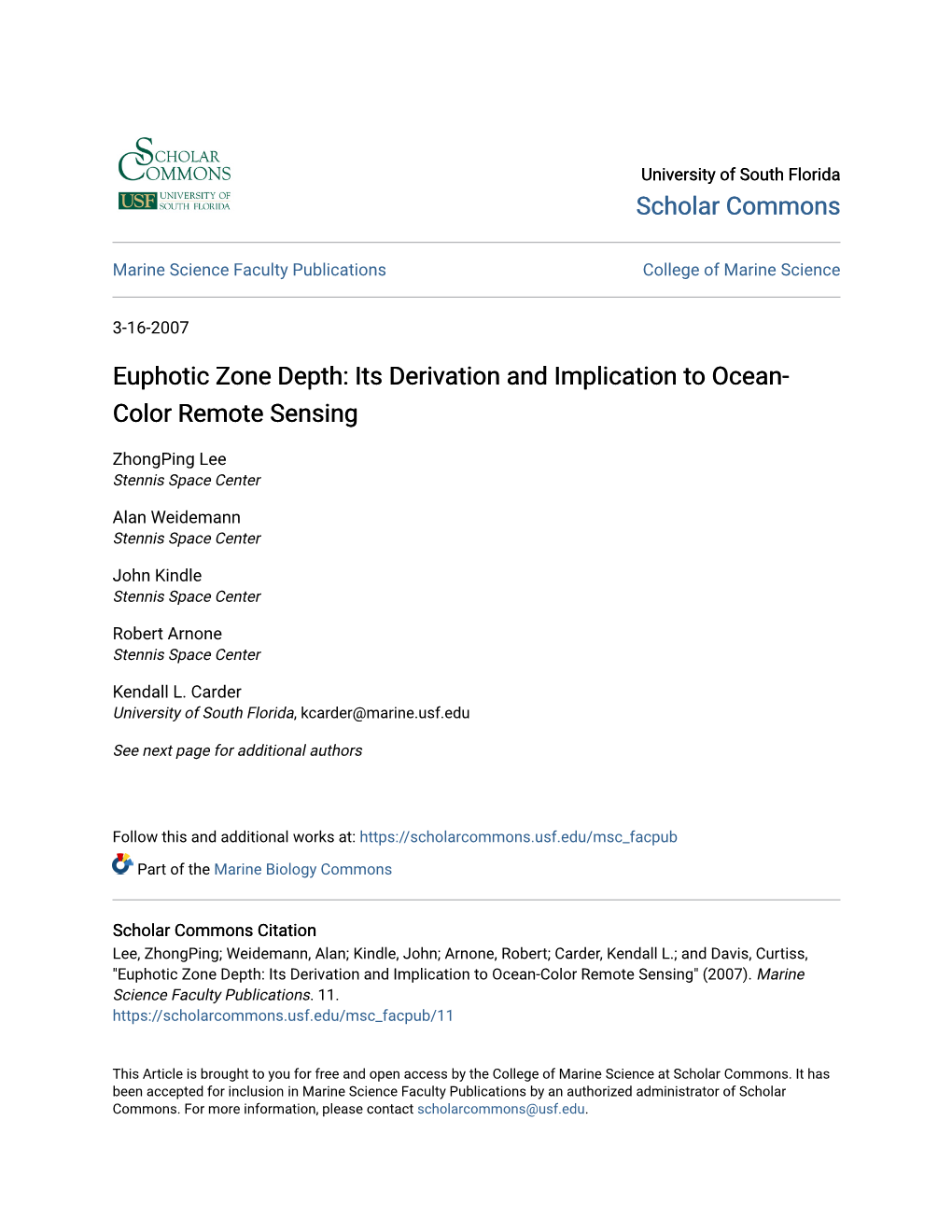 Euphotic Zone Depth: Its Derivation and Implication to Ocean-Color Remote Sensing" (2007)