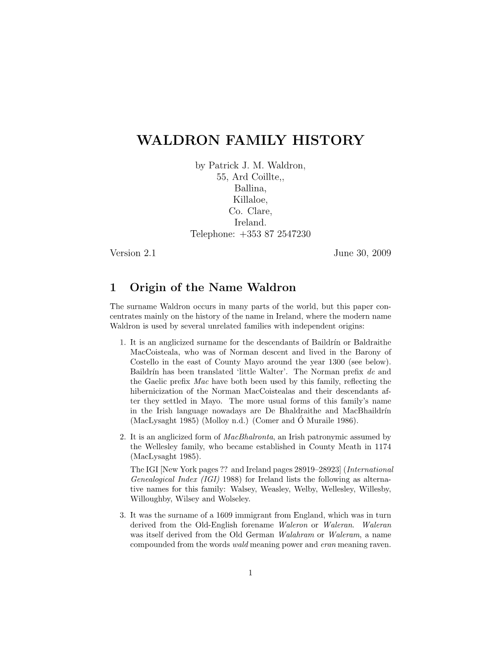 Waldron Family History