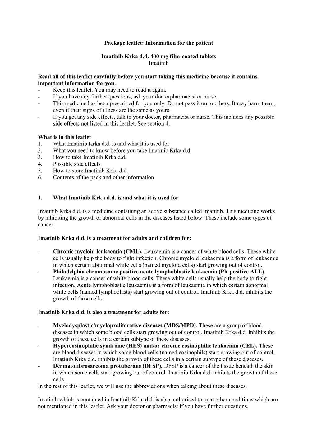 Information for the Patient Imatinib Krka Dd 400 Mg Film-Coated