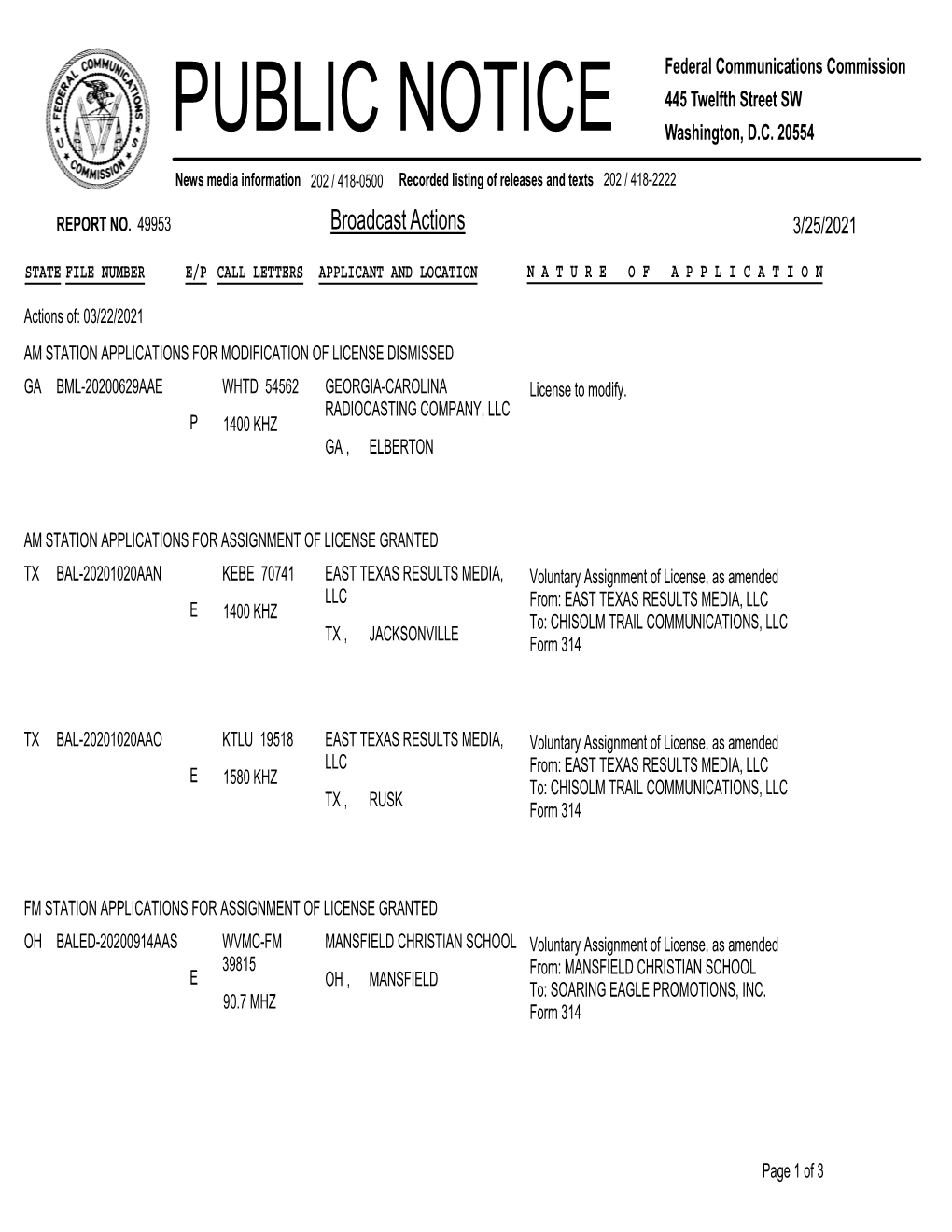 Broadcast Actions 3/25/2021